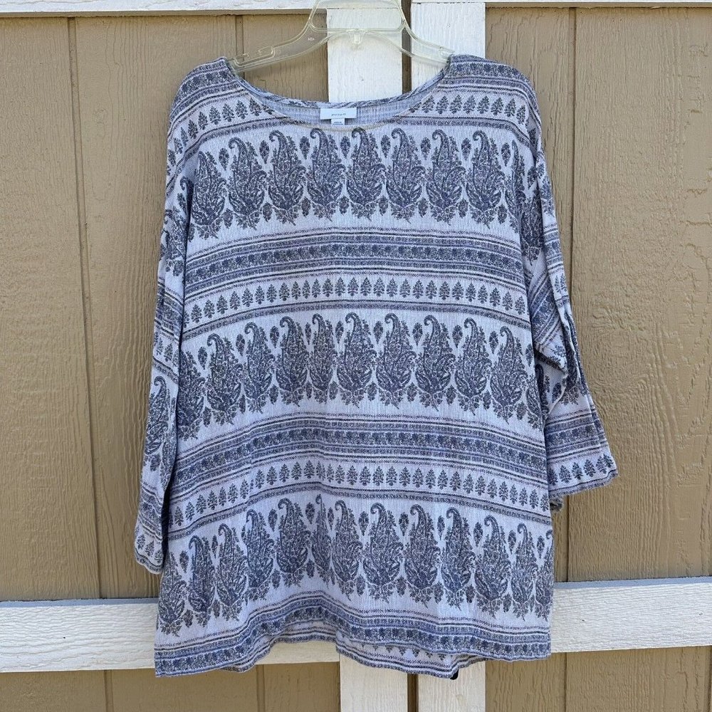 Pure J. Jill 3/4 Sleeve Blouse Women’s Size Large Blue Boho Paisley Hemp Cotton